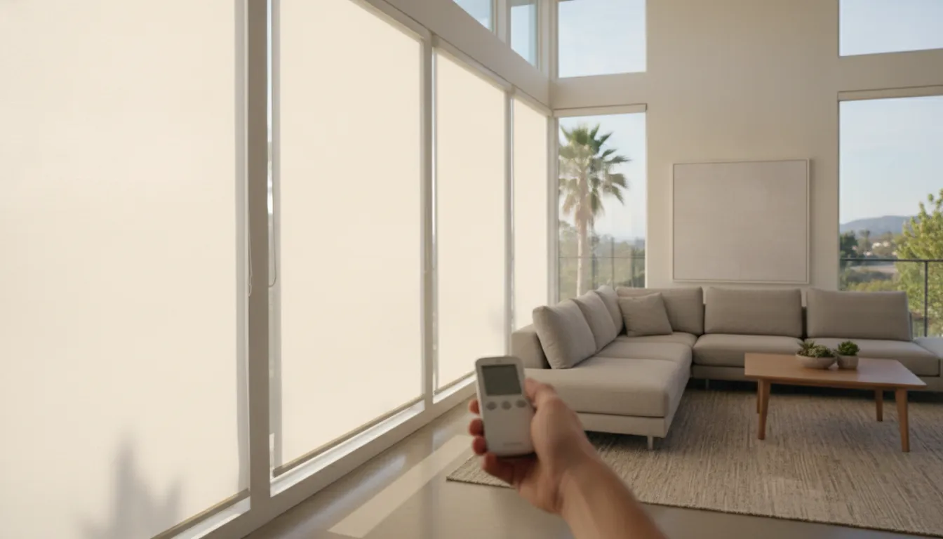 Automatic window shades filtering afternoon light in a Southern California living room