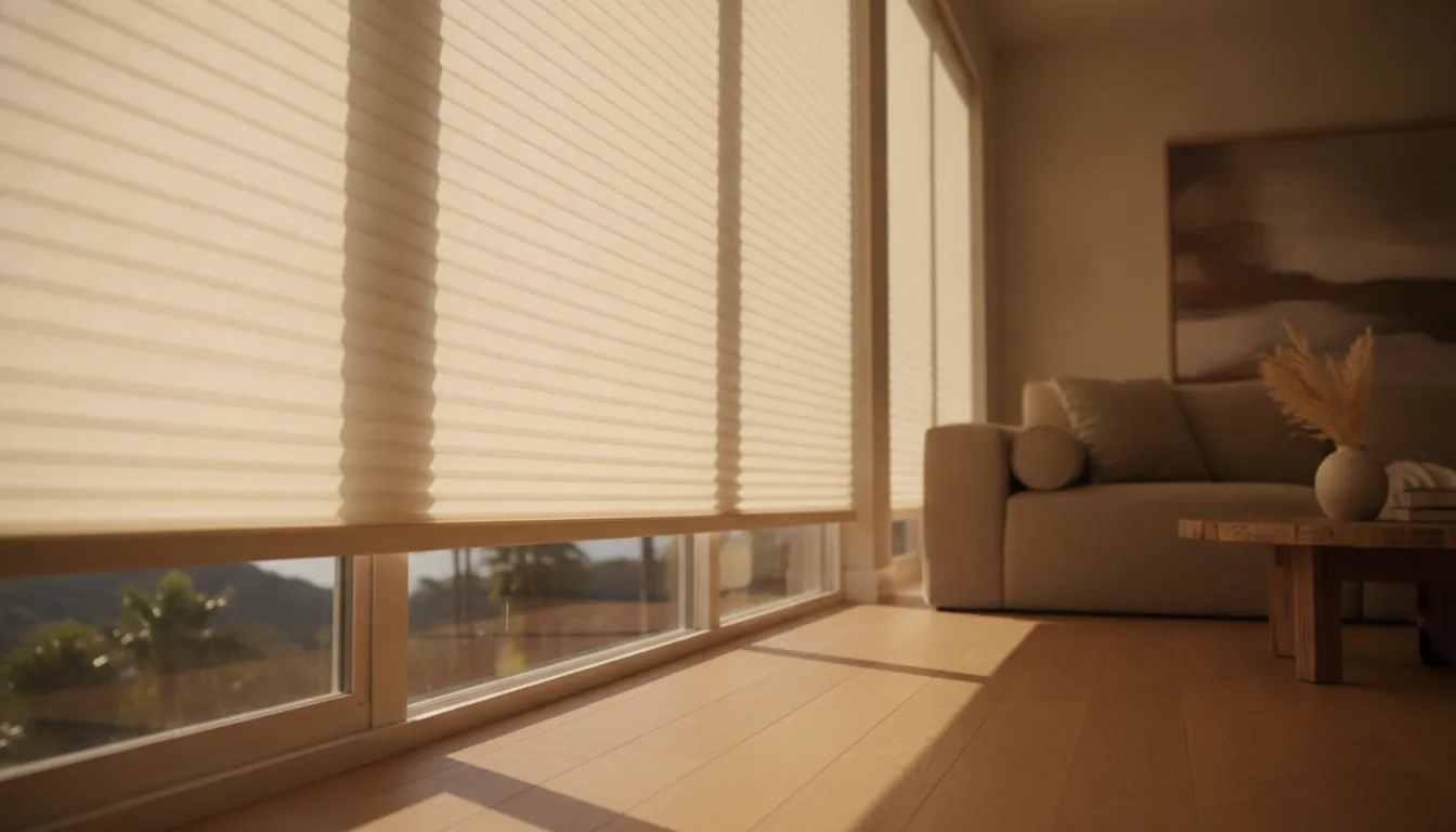 Honeycomb cellular shades filtering afternoon light in a Southern California living room