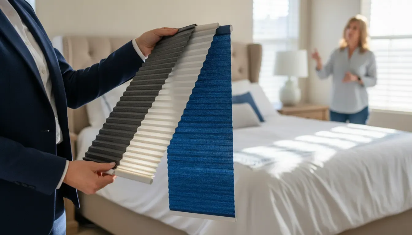 Blackout cellular shade and fabric samples being reviewed in a Murrieta bedroom