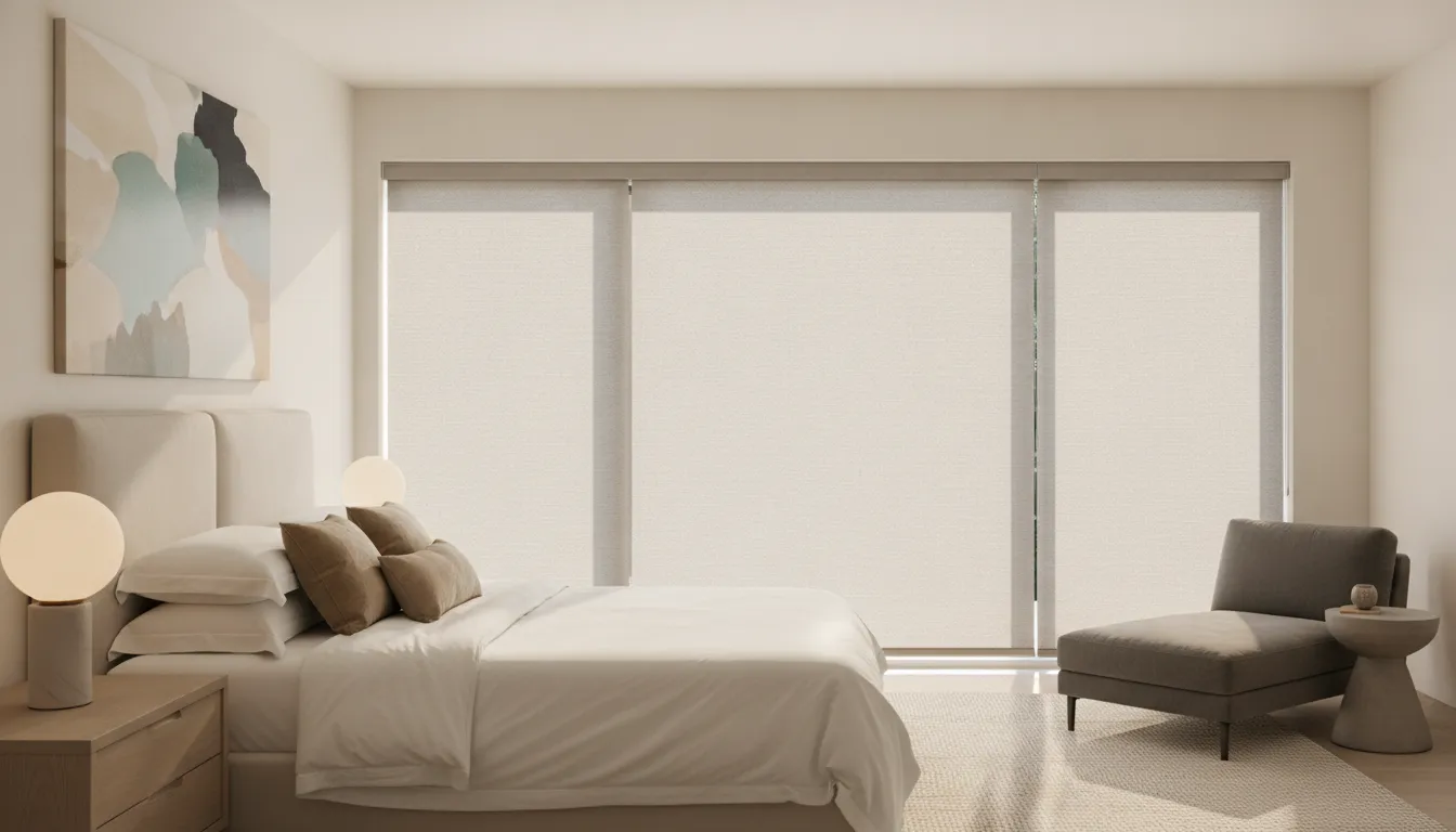 Blackout roller shades covering bedroom windows in a Southern California home