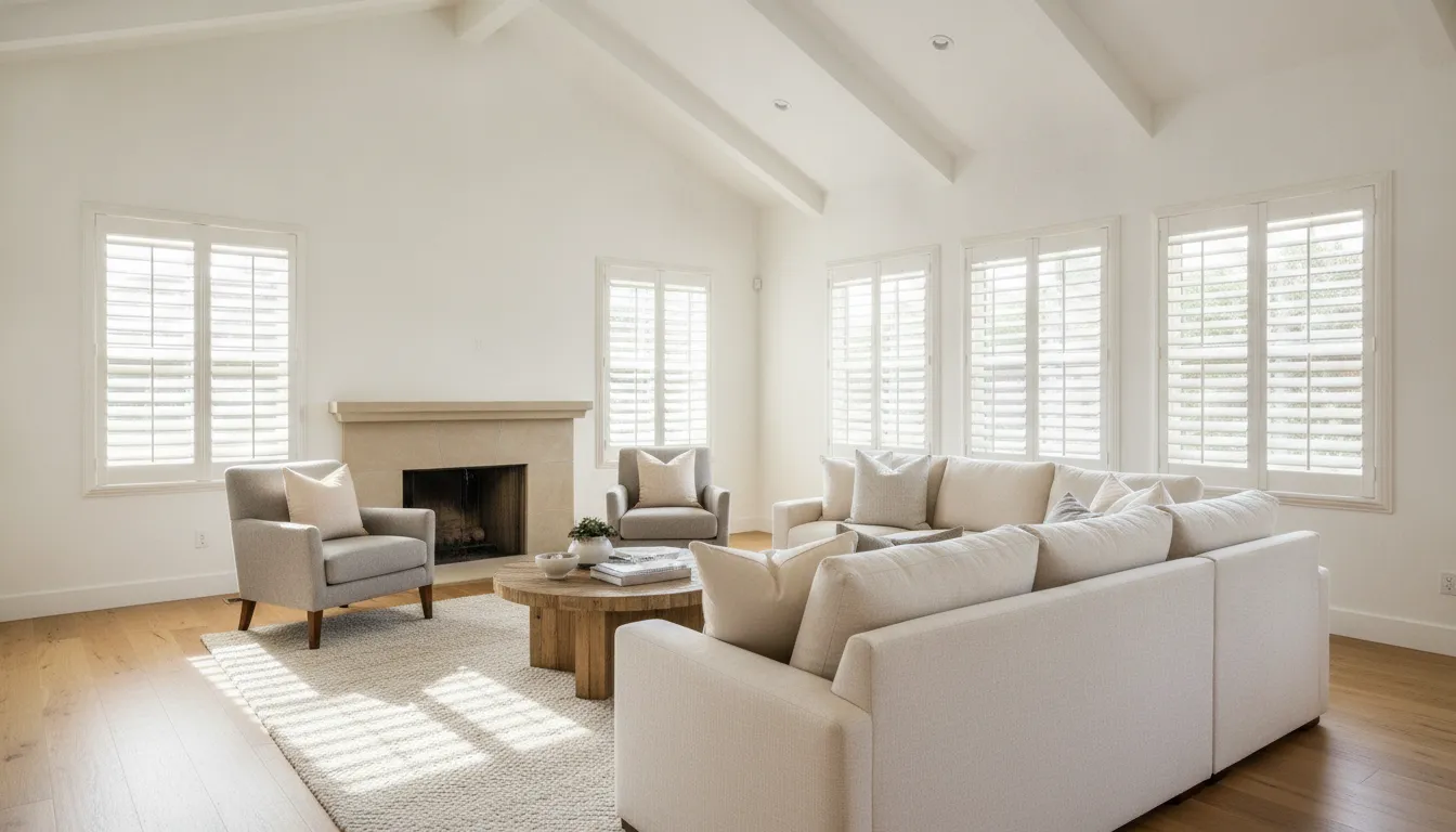 White plantation shutters in a bright Lake Elsinore living room