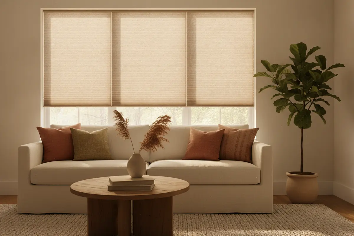 Cellular shades covering a west-facing window during bright afternoon sun