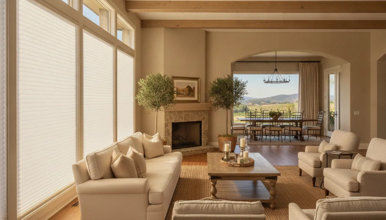 Cellular honeycomb shades filtering sunlight in a Temecula home