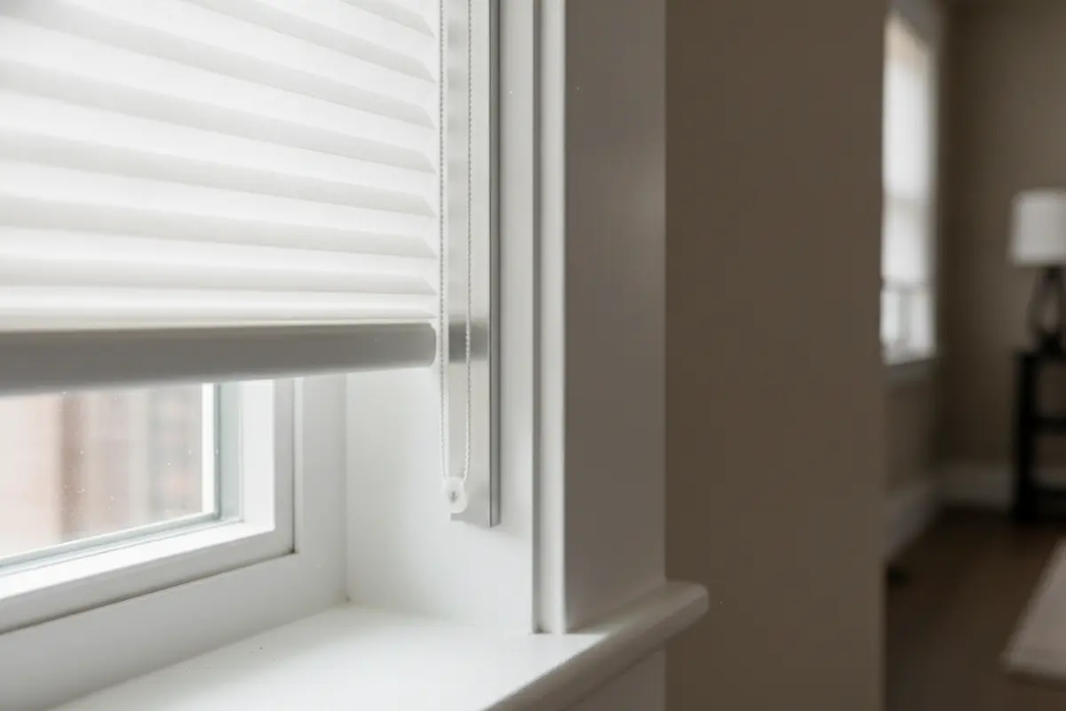 Close view of a cellular shade edge fitted beside a slim side track