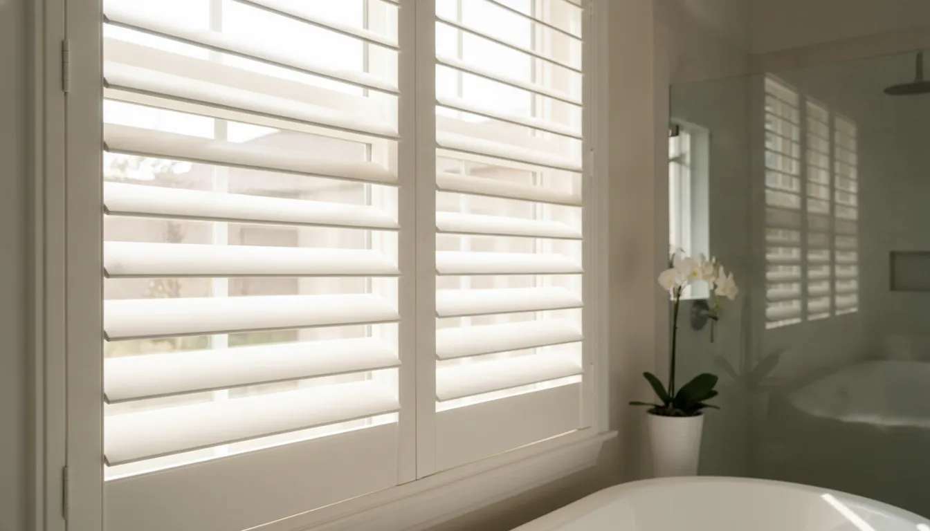 Composite plantation shutters on a moisture-prone Southern California bathroom window