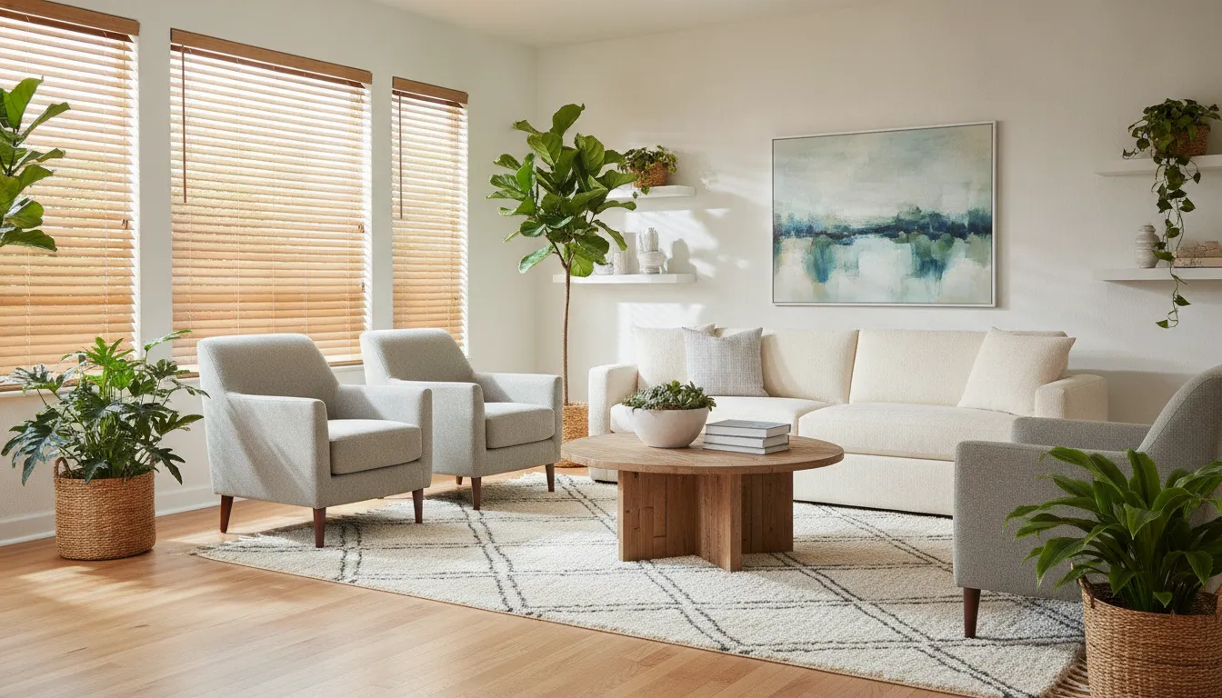 Custom faux wood blinds in a bright Murrieta home