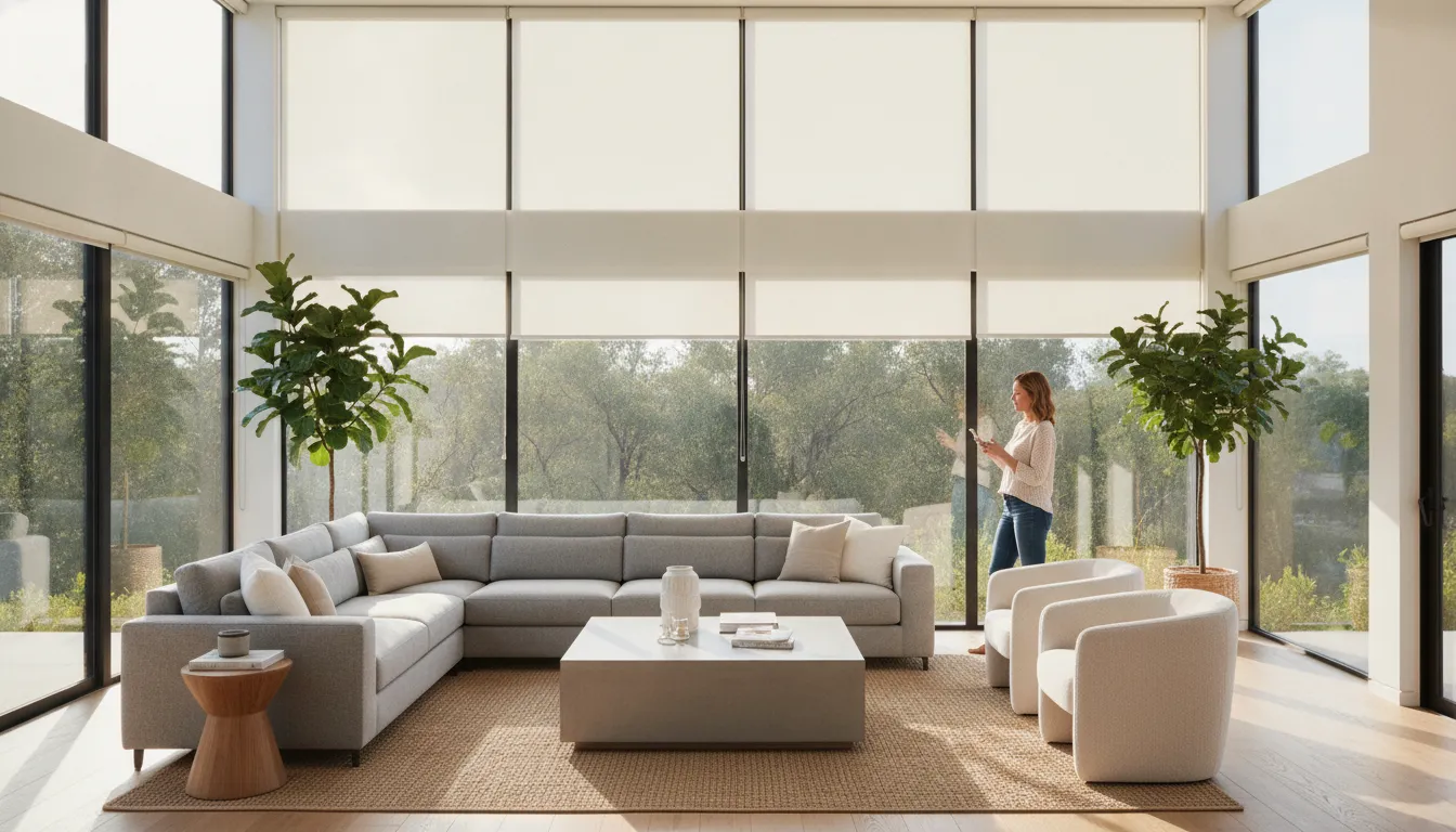 Modern living room with motorized roller shades controlled by a smartphone app