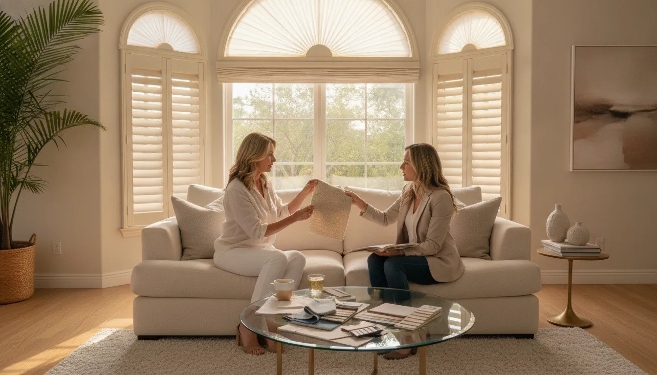 Custom window coverings in a bright Hemet home with an arched window