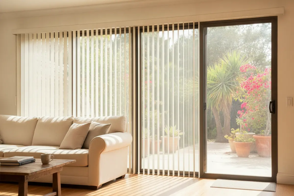 Custom vertical blinds covering a wide sliding glass door