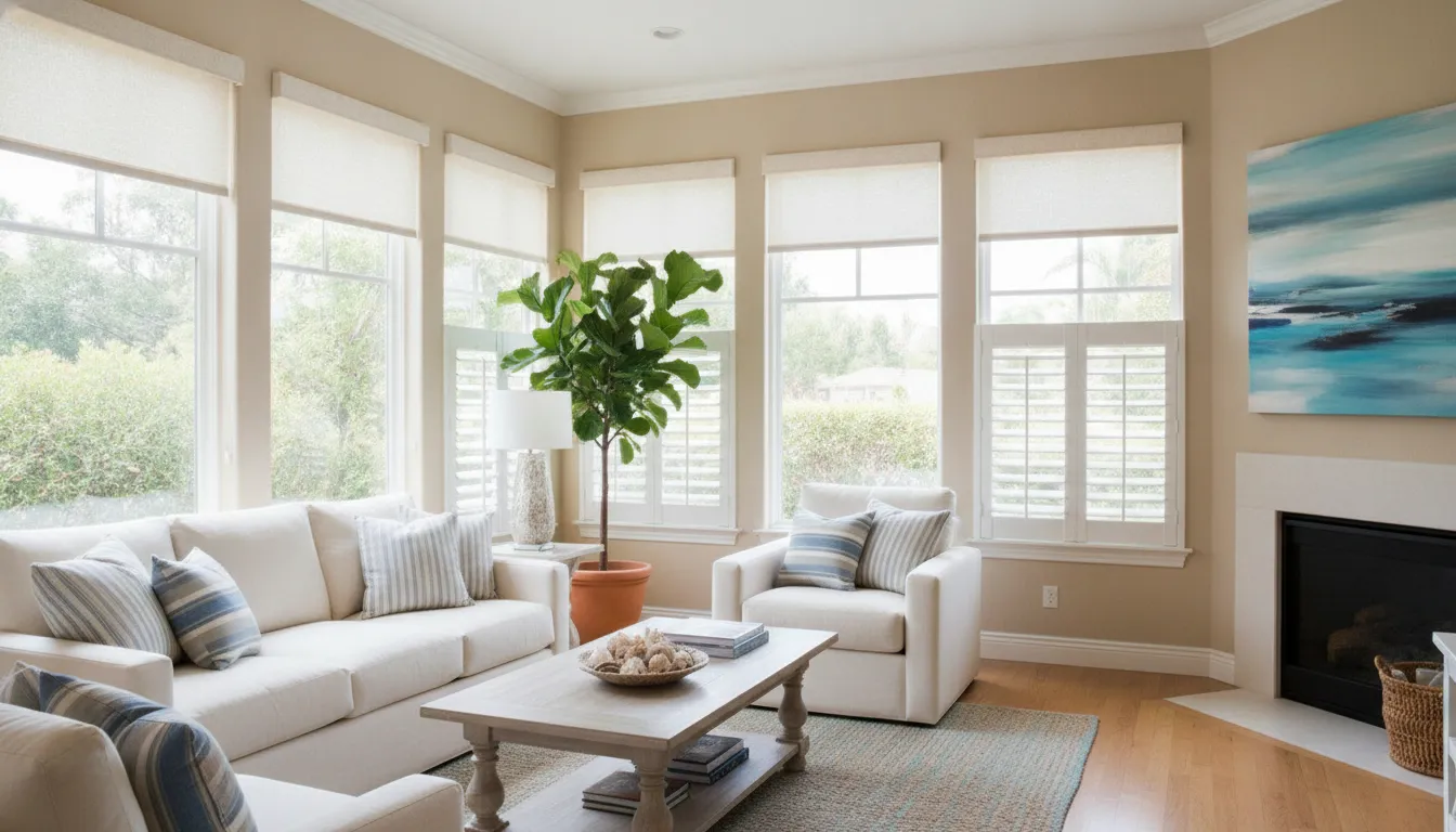 Custom shades and shutters fitted in a bright living room