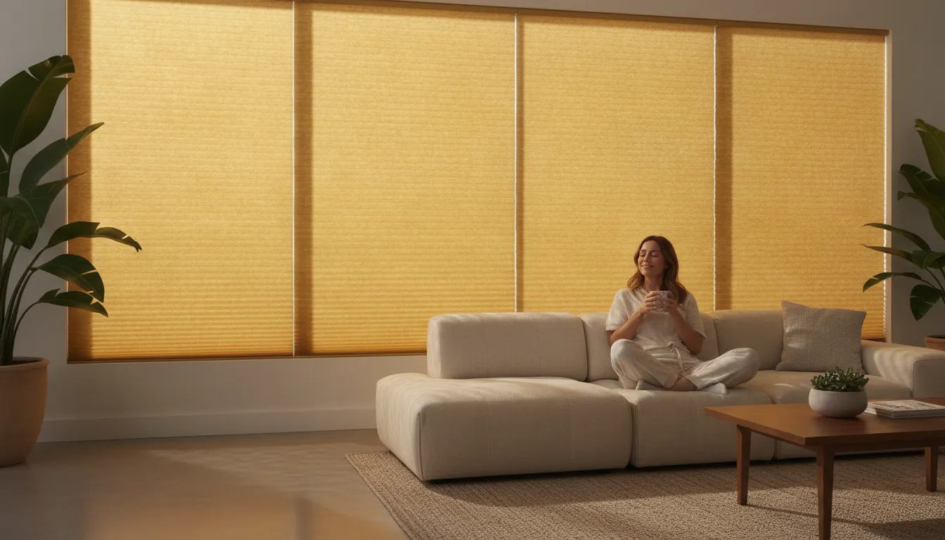 Energy efficient cellular shades on a bright Southern California window