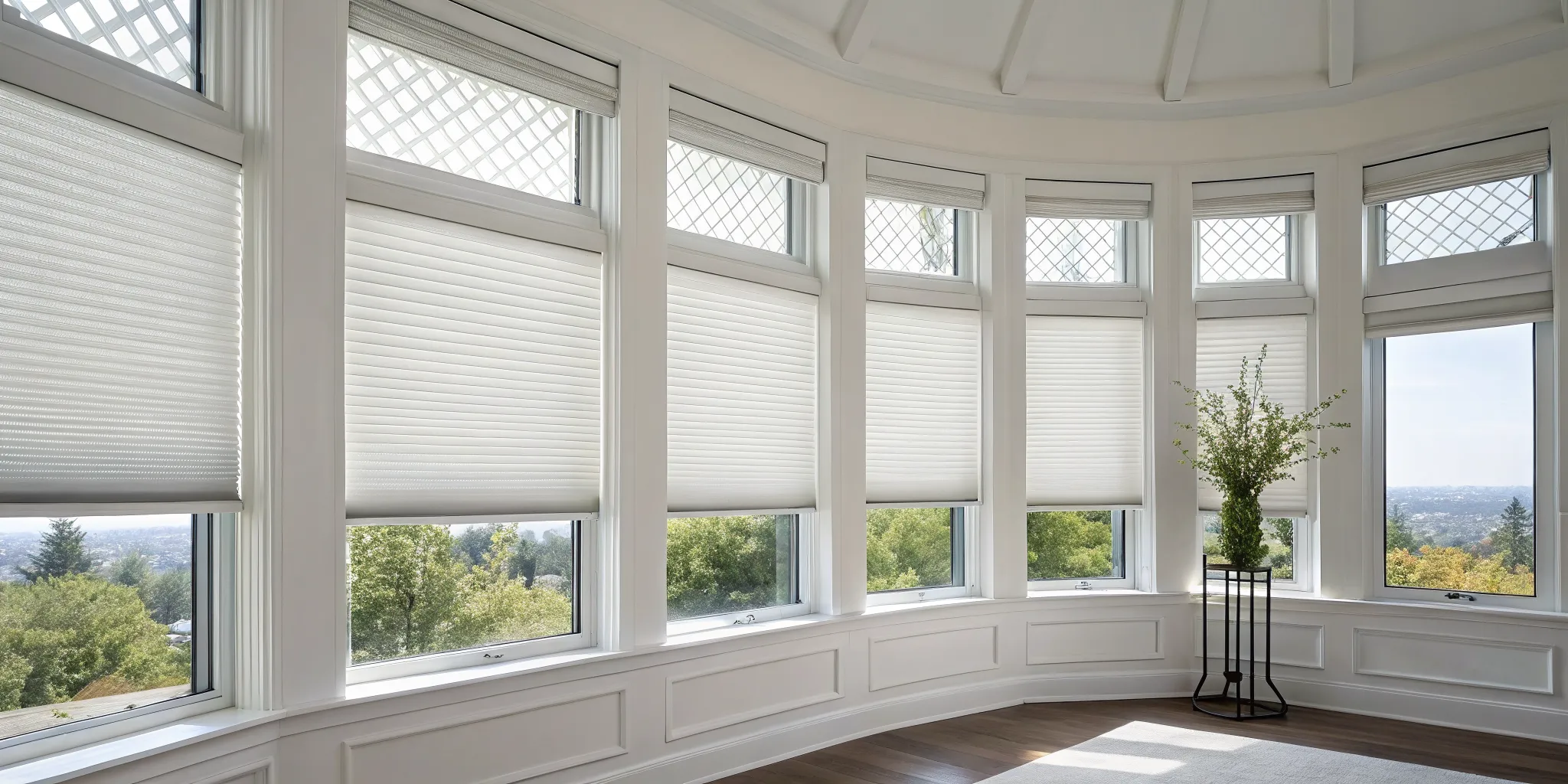 Fabric pleated shades on a window filtering soft light and ensuring privacy.
