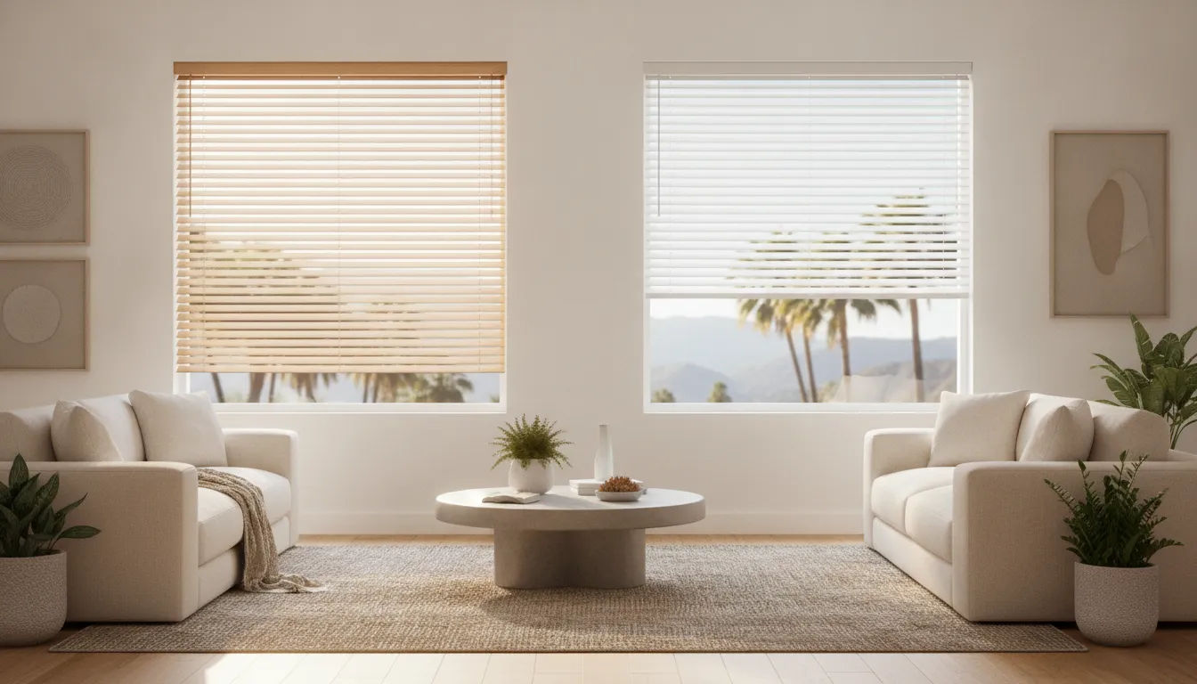 Modern Southern California living room with wood and faux wood blinds on adjacent windows
