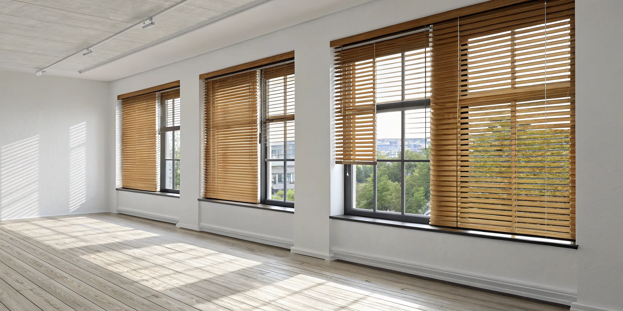 Faux wood blinds offering a clean, modern look on large windows in a sunlit room.