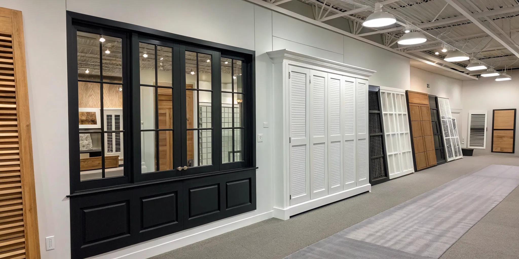 A showroom display of flat panel shutters in various colors and materials.