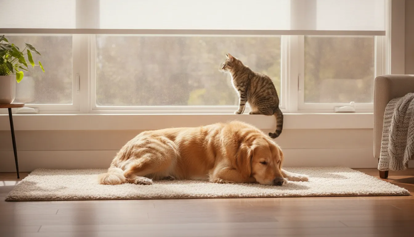 Smooth cordless roller shade in a bright pet-friendly living room