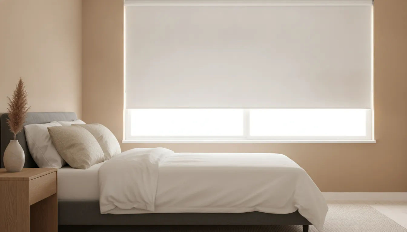Cordless vinyl blackout roller shade lowered in a bright bedroom