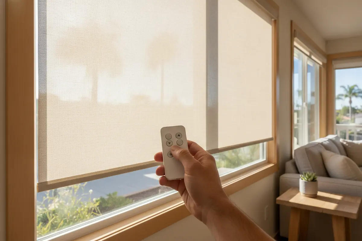 Homeowner using a remote to adjust motorized roller shades