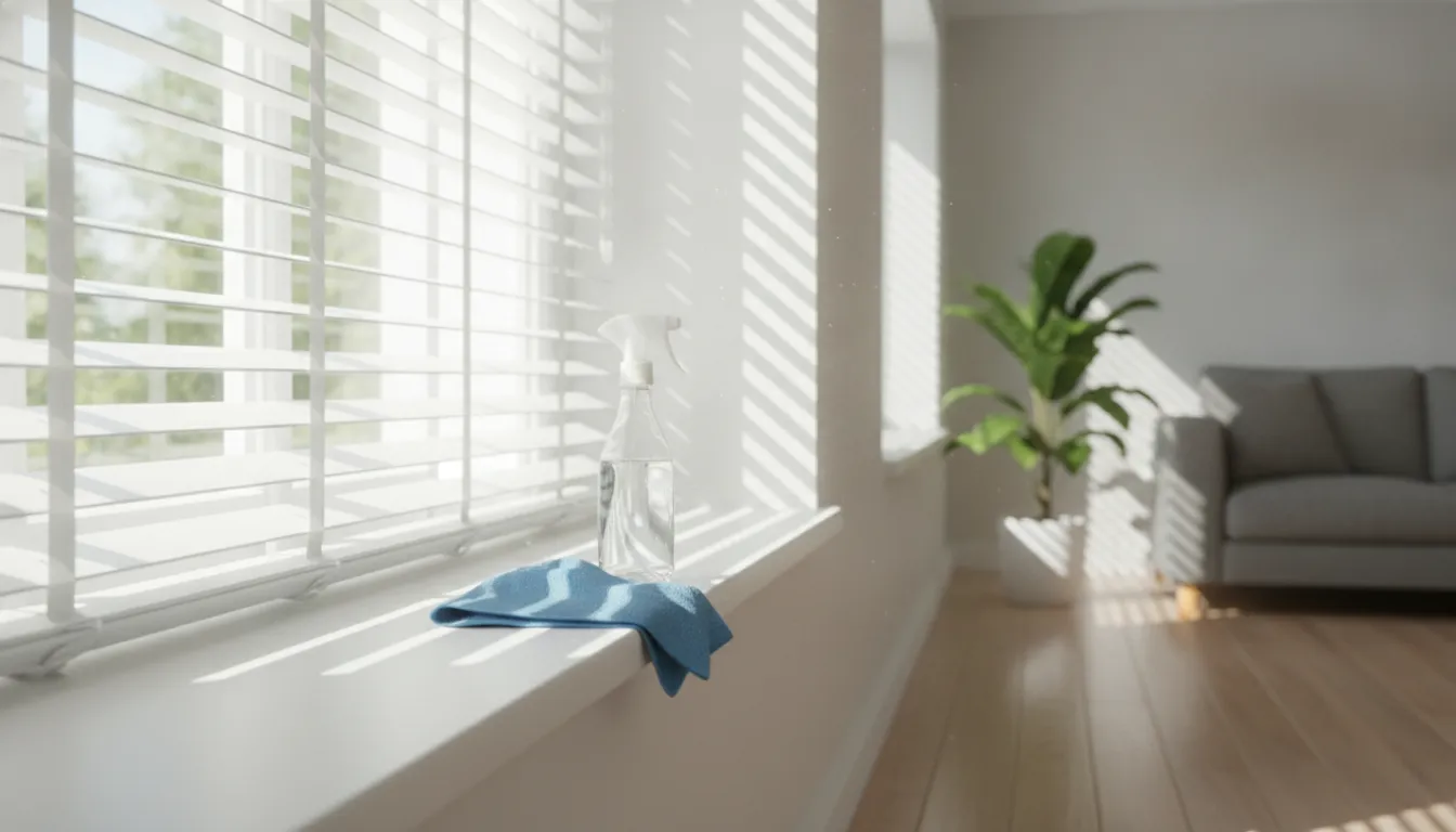 White window blinds being dusted with a soft microfiber cloth for routine cleaning