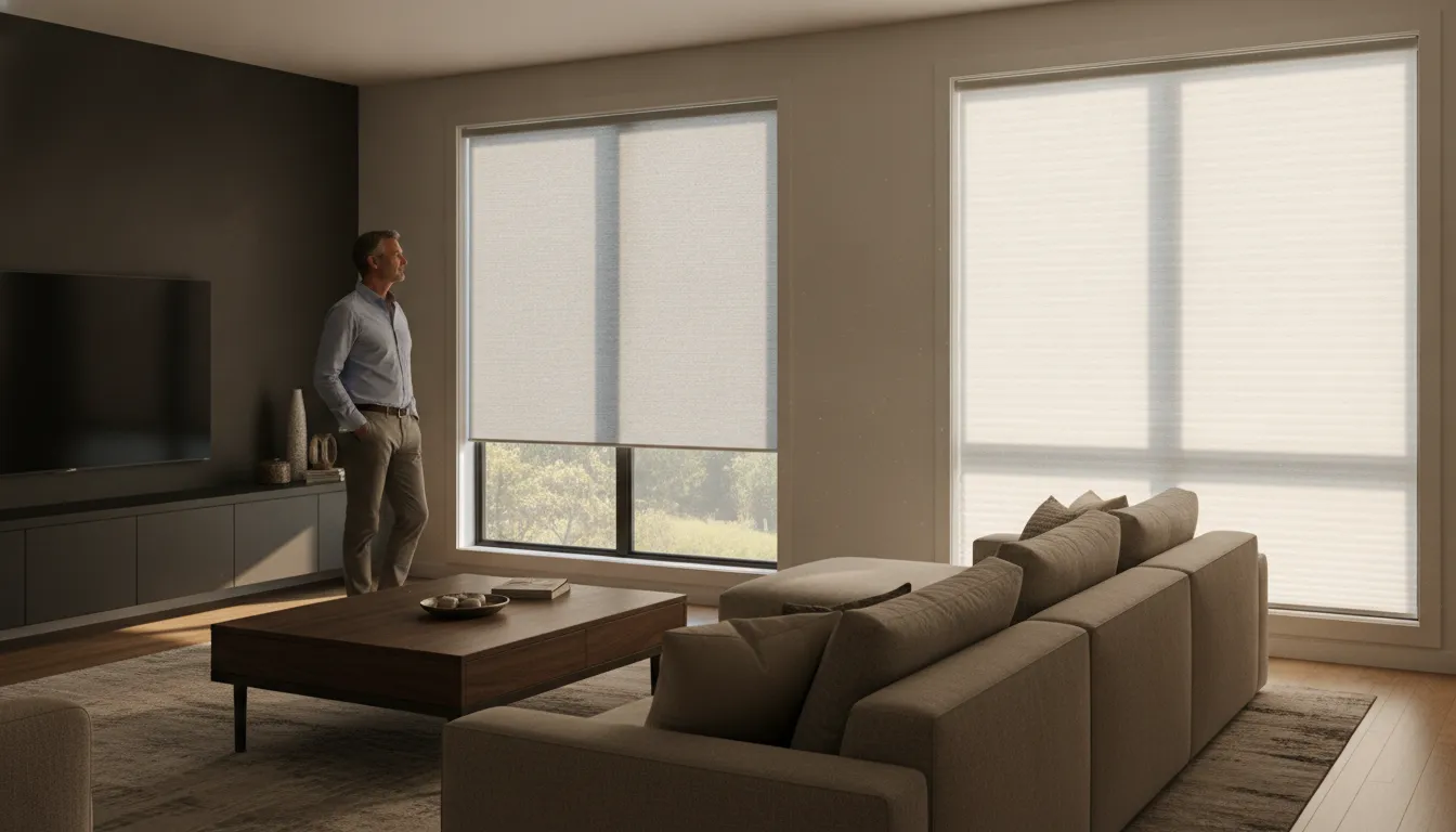 Room darkening shades for media rooms with layered light control