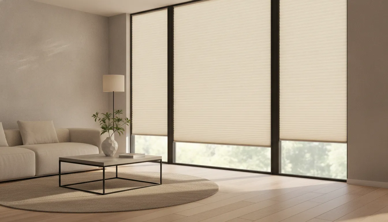 Beige cellular honeycomb shades installed on a modern living room window