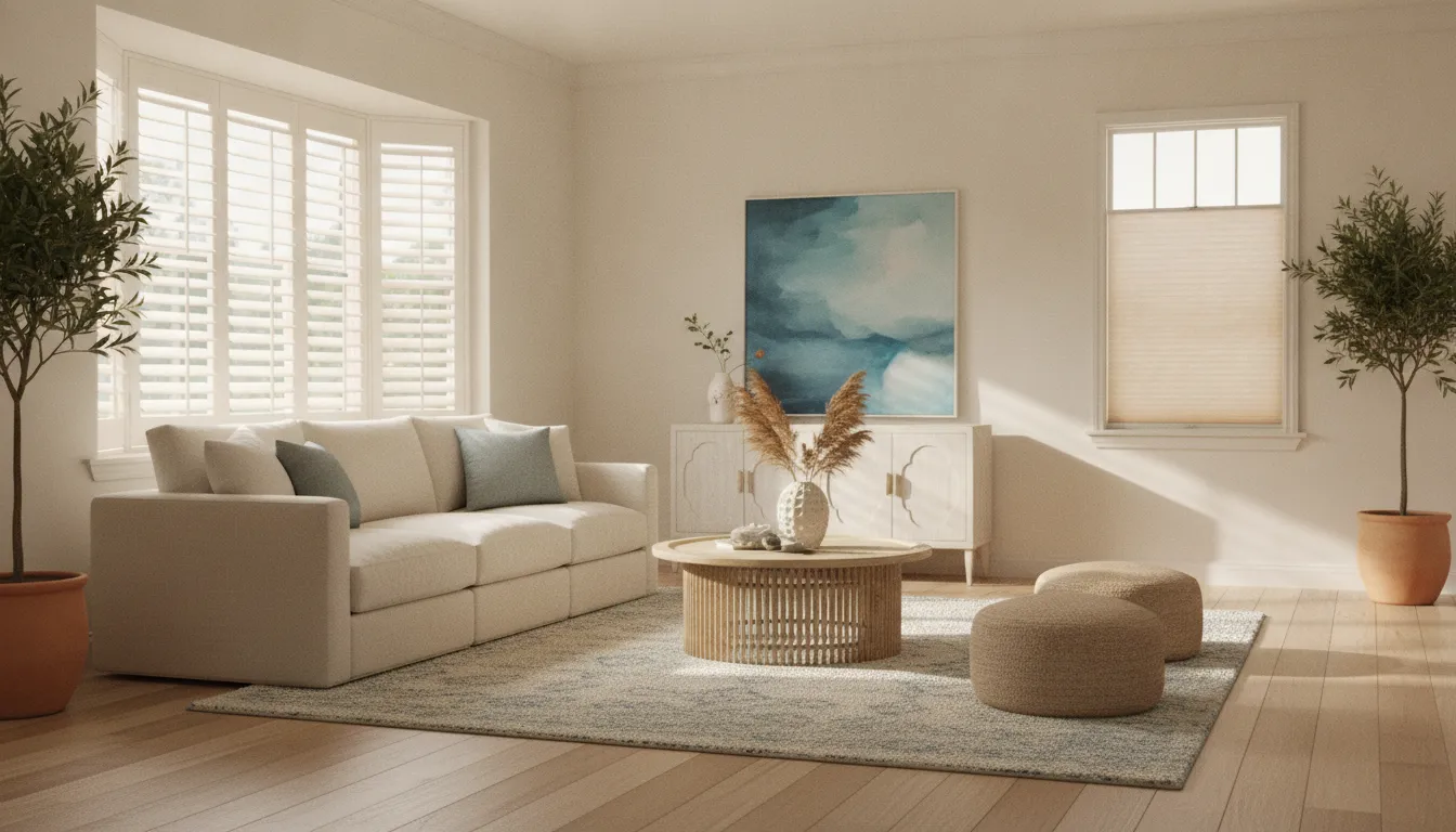 Custom plantation shutters and cellular shades in a bright Southern California living room