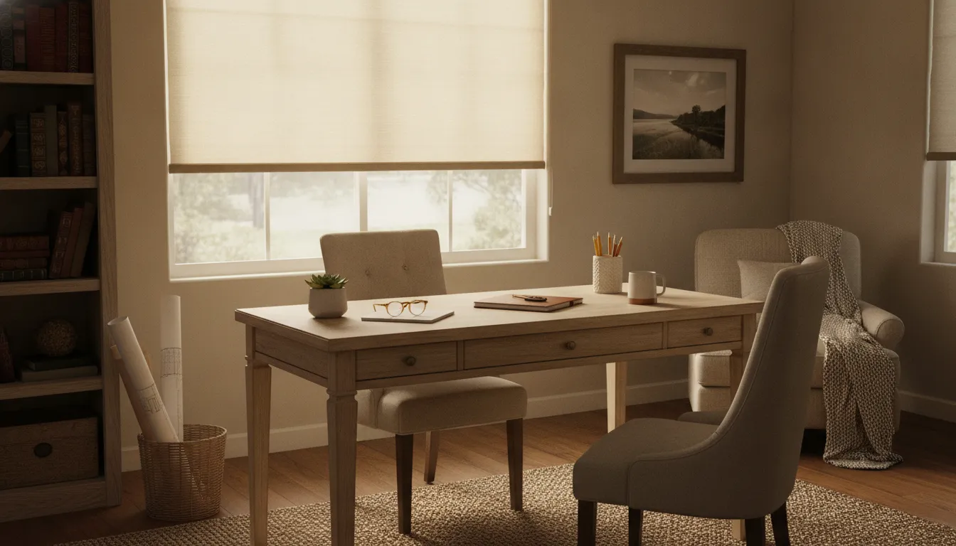 Motorized window shade reducing afternoon glare in a Menifee home office