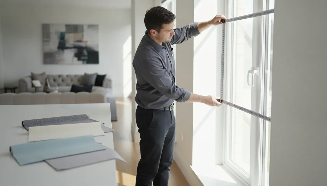 Professional measuring for roller shade fit beside fabric samples