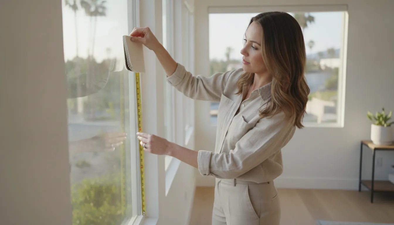 Professional measuring a window for custom cellular shades