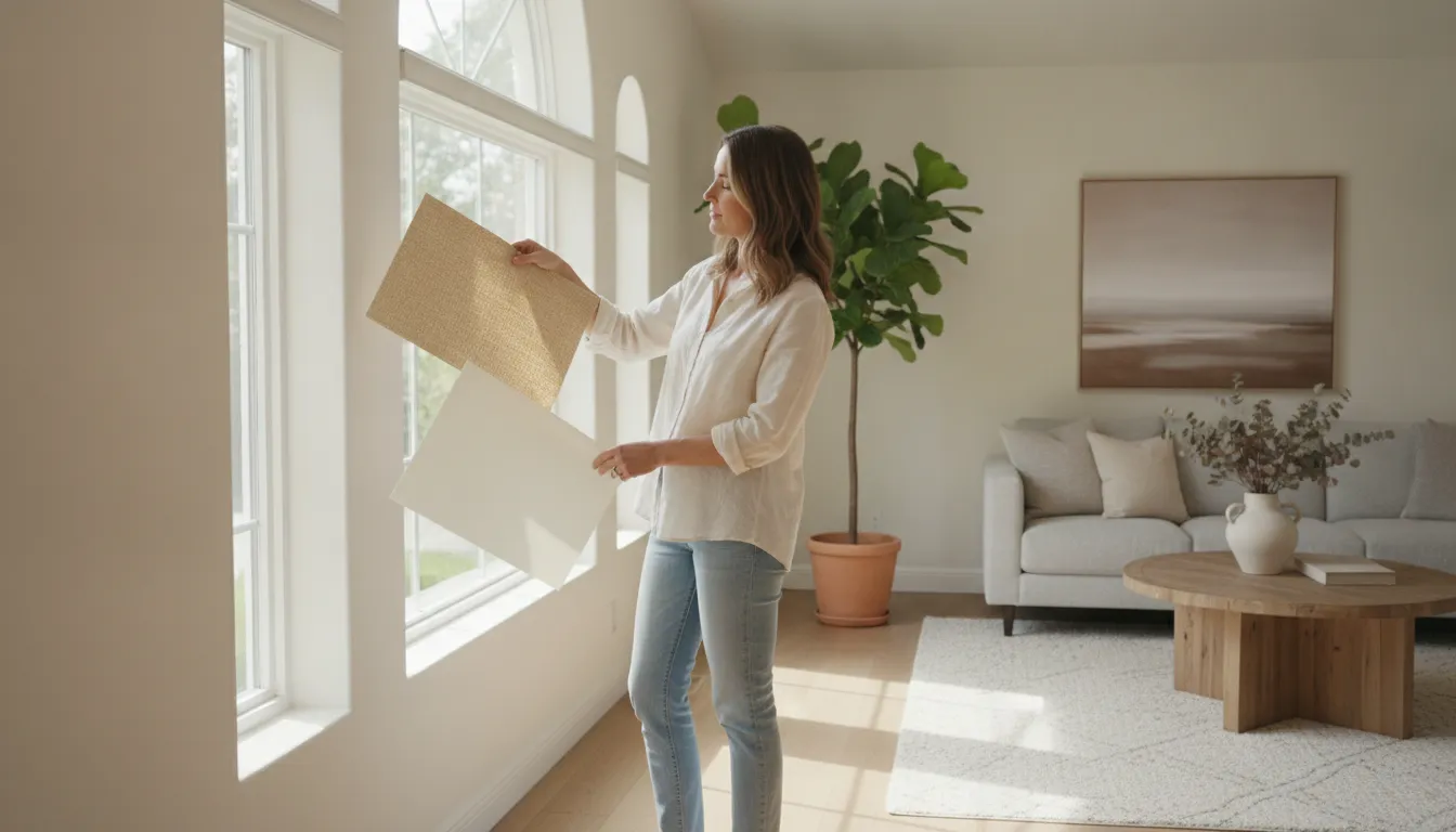 Homeowner comparing custom blind material samples beside a bright window