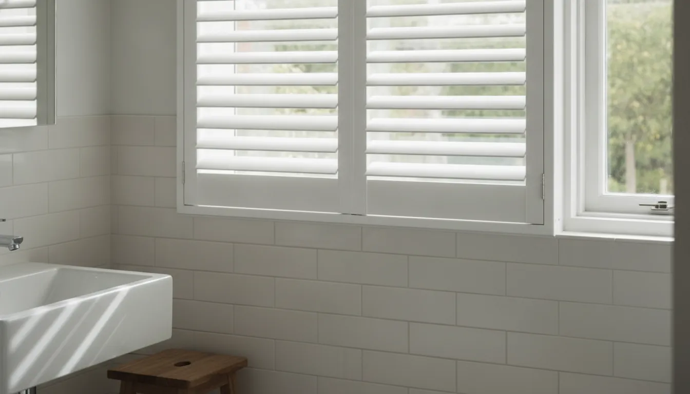 White plantation shutters fitted to a bathroom window beside a simple vanity