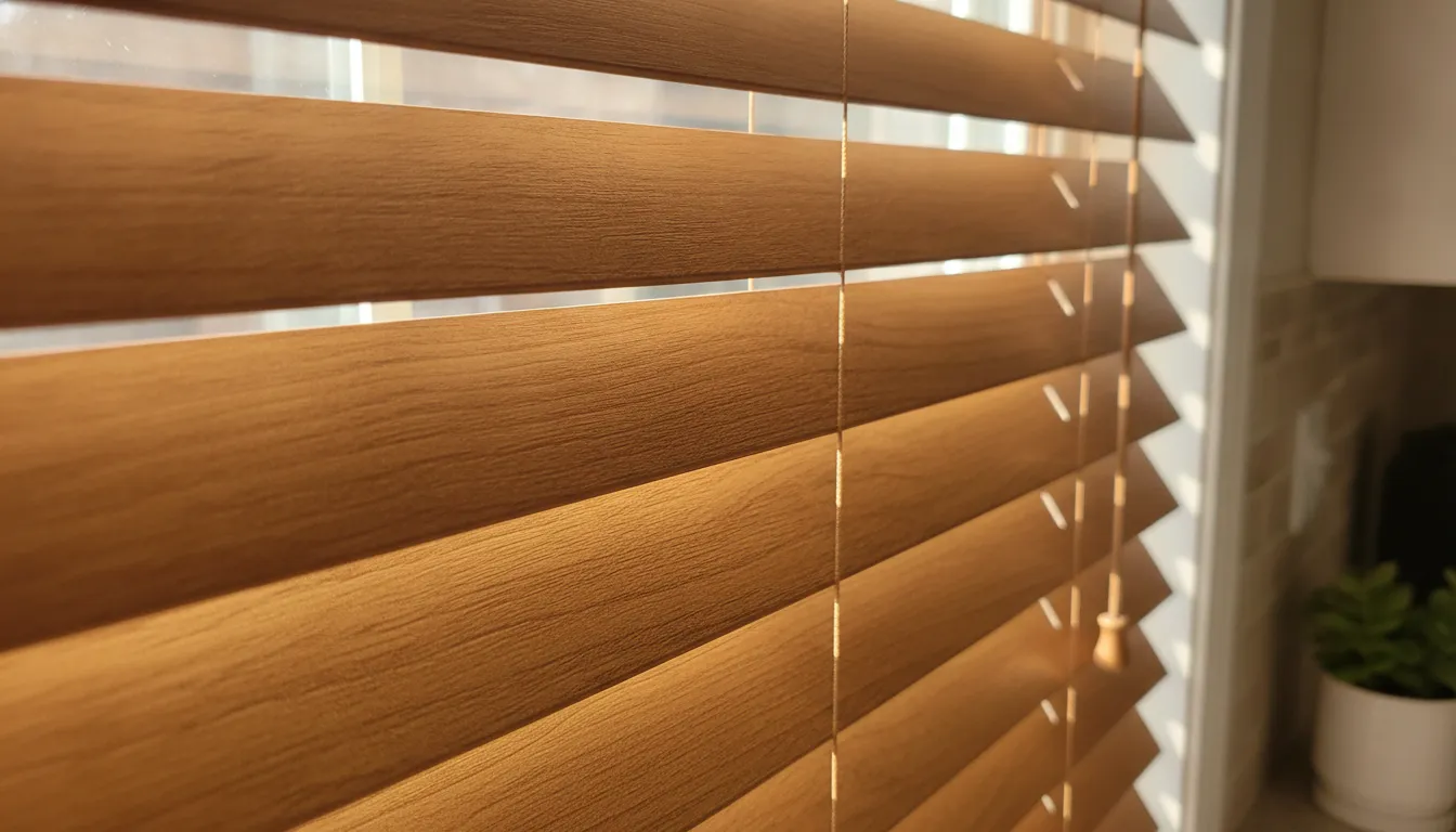 Close-up of moisture-resistant faux wood blind slats for a Murrieta home