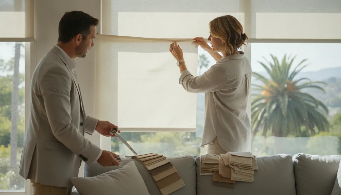 Professional comparing roller shade fabrics and measuring a window in a Southern California home