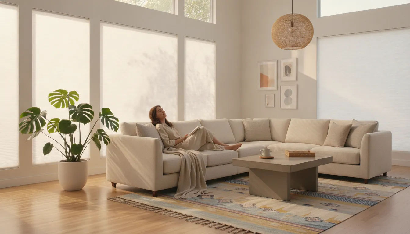 Bright Southern California living room with energy efficient cellular shades lowering cooling costs