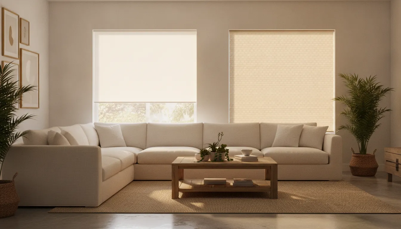Roller shades and cellular shades compared in a bright living room