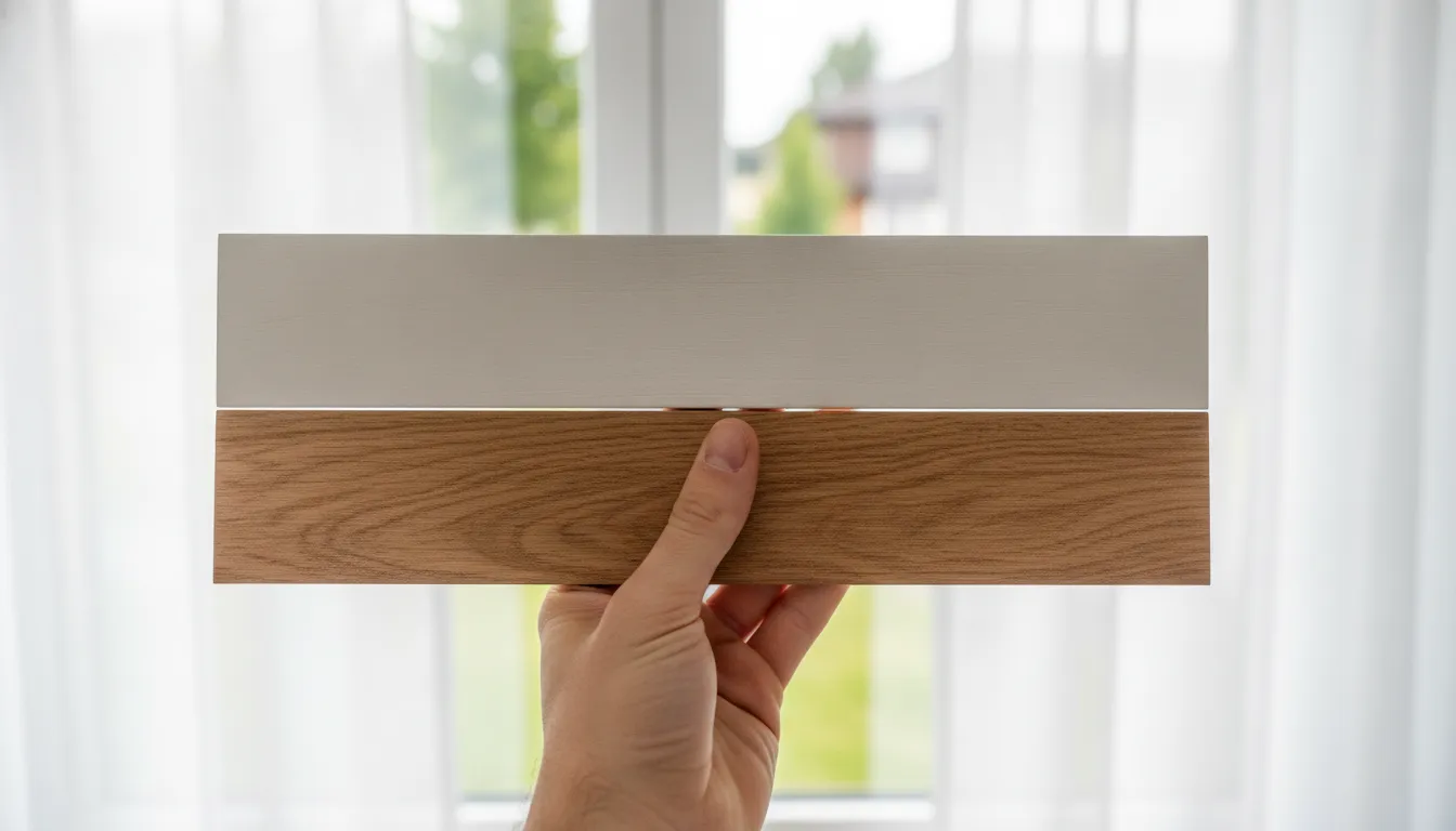 Close-up of faux wood and natural wood blind slat samples