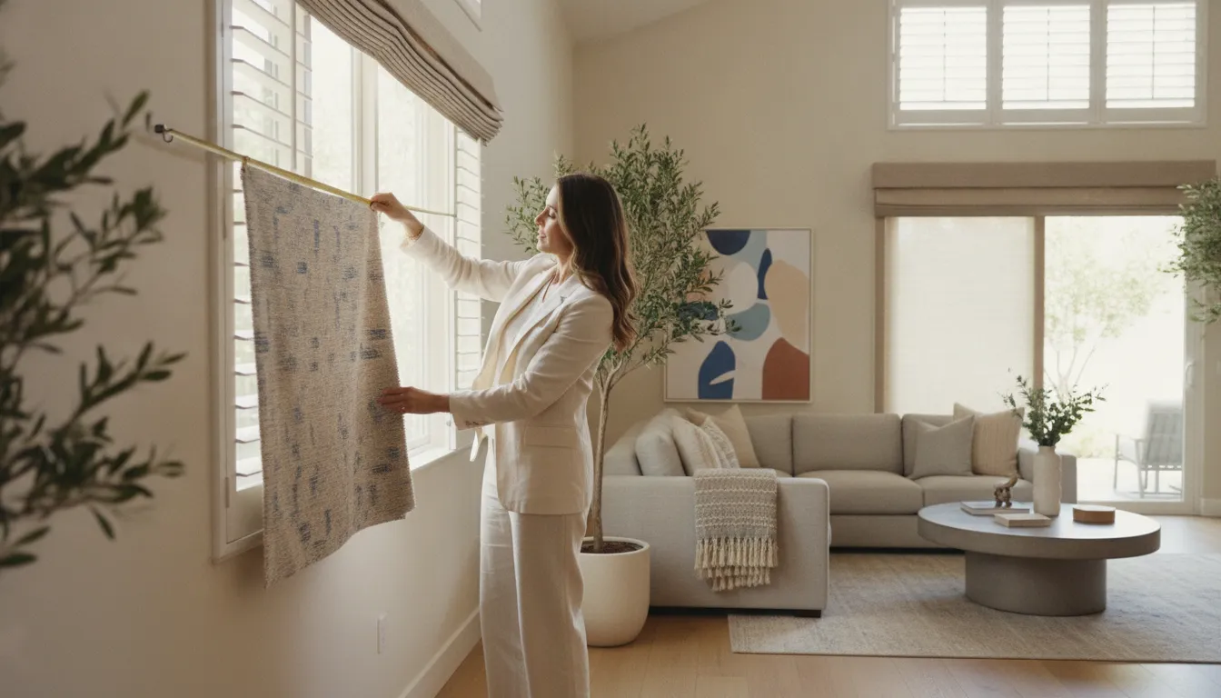 Professional measuring a large window in a bright Southern California living room with custom window coverings