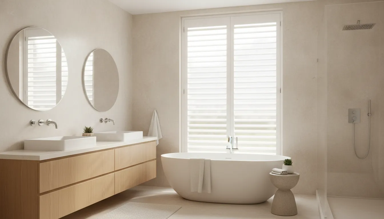 Modern white plantation shutters fitted to a bathroom window