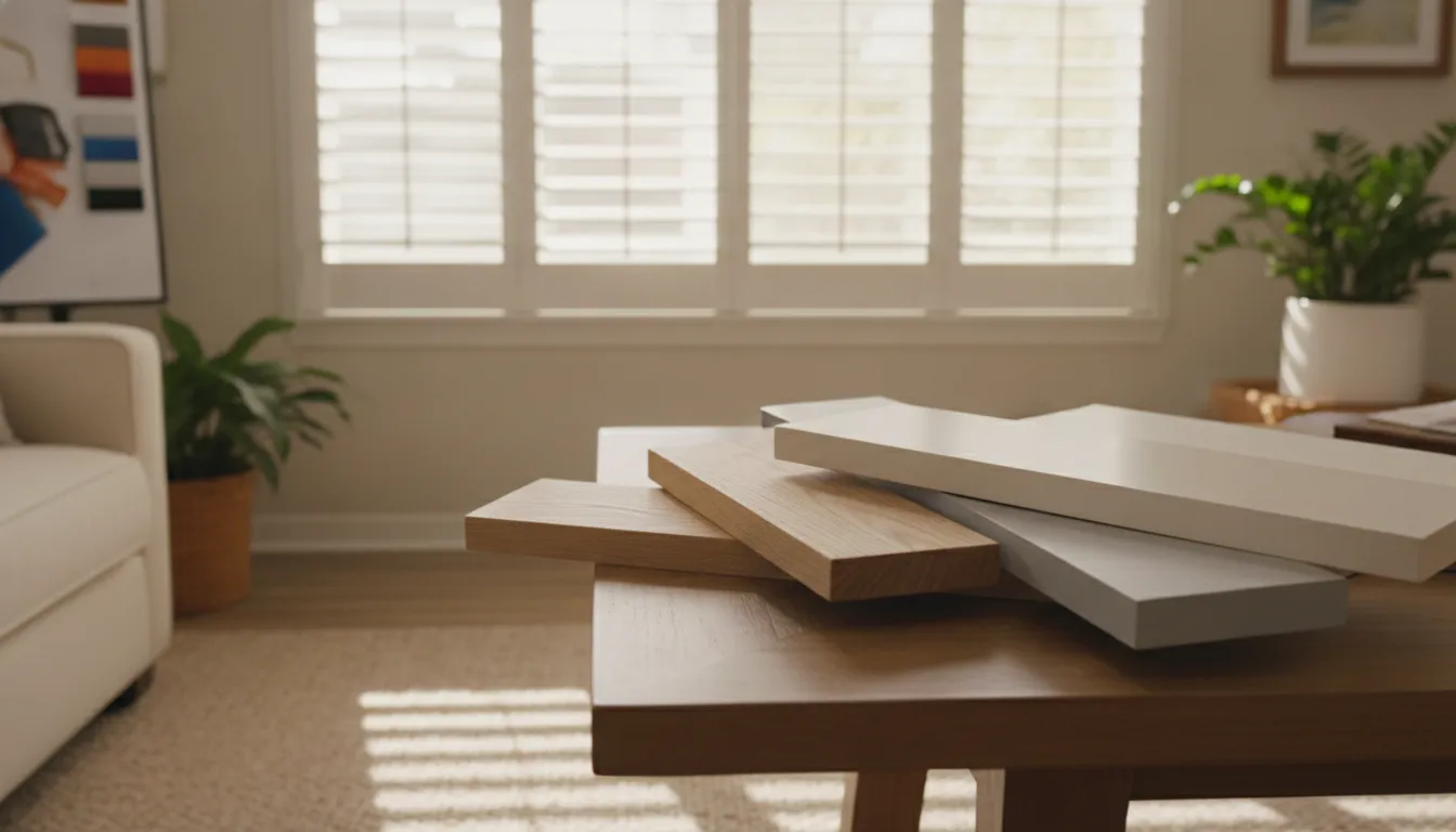 Wood and painted plantation shutter samples beside a bright window