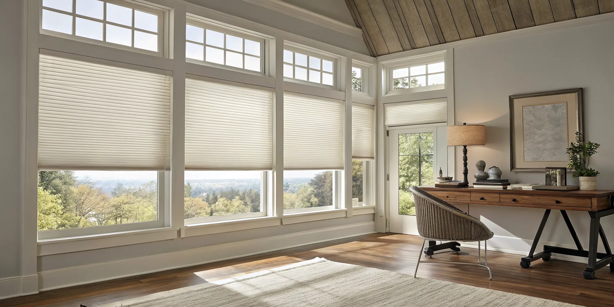 Cordless pleated shades on large windows in a bright, modern home office.
