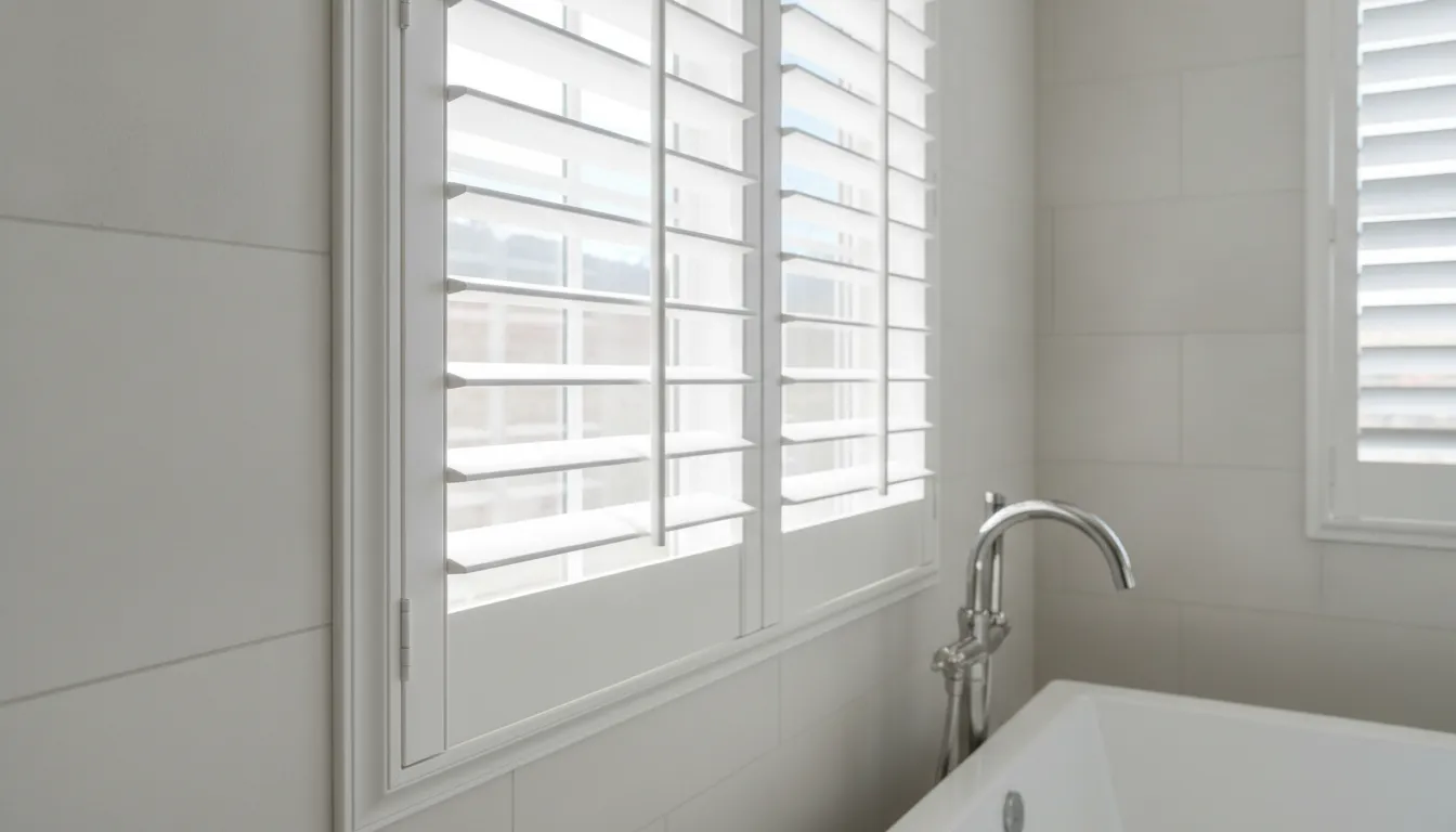 Close view of white Polycore bathroom shutters and adjustable louvers