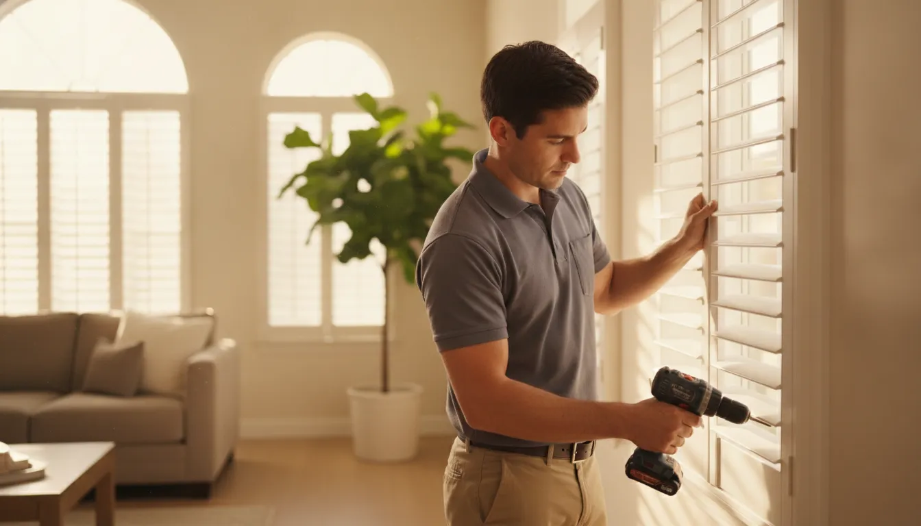 Professional installer fitting a white plantation shutter on a bright window