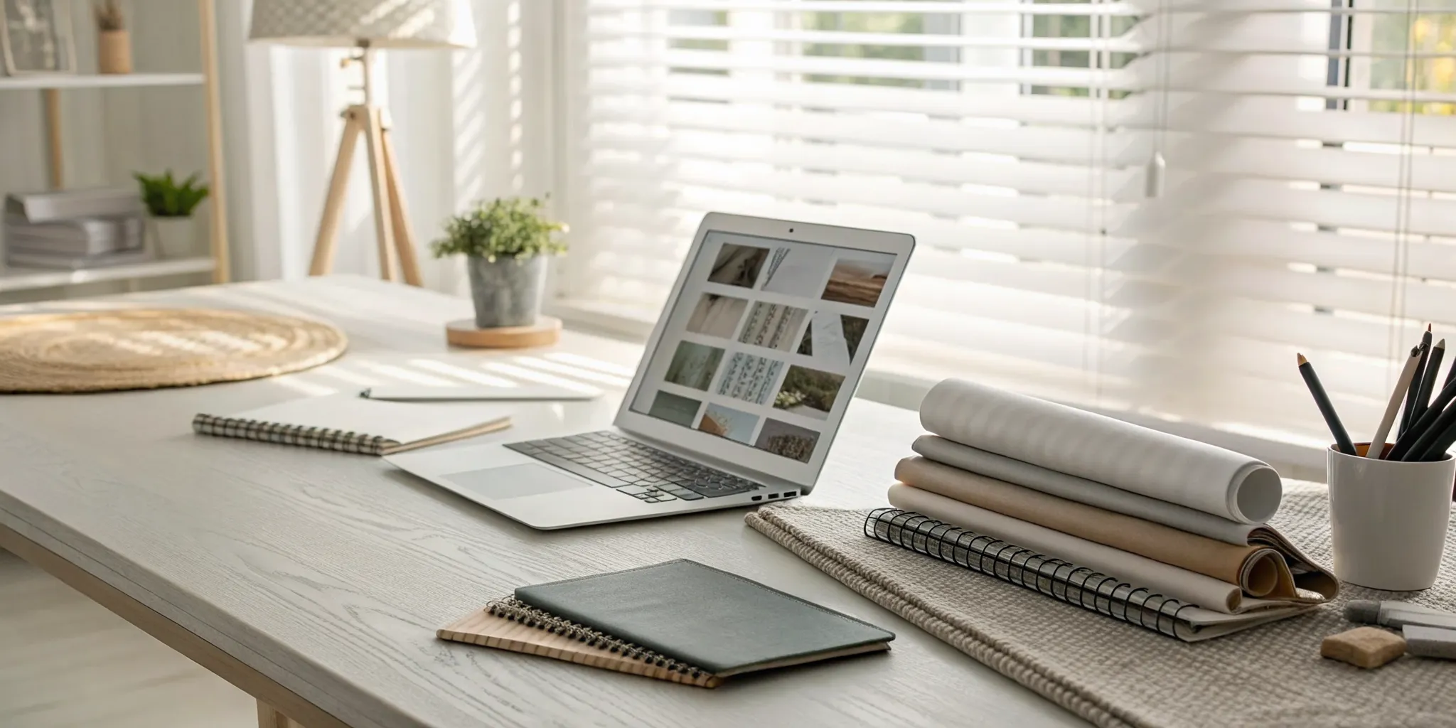 A desk with blind samples and a laptop for researching discount blinds online.