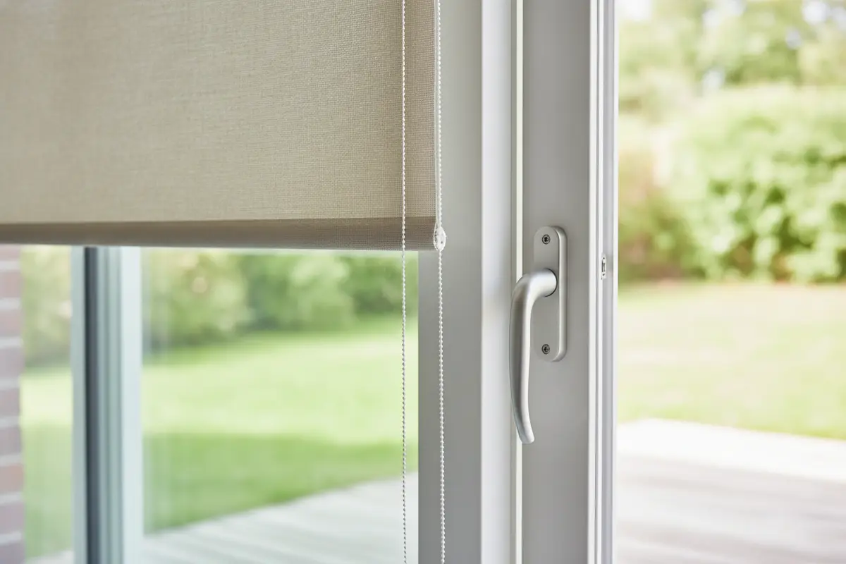 Roller shade above a sliding patio door with the handle and sliding path unobstructed