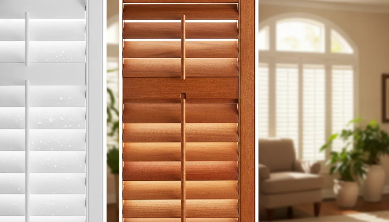 Polycore, natural wood, and faux wood plantation shutter material comparison