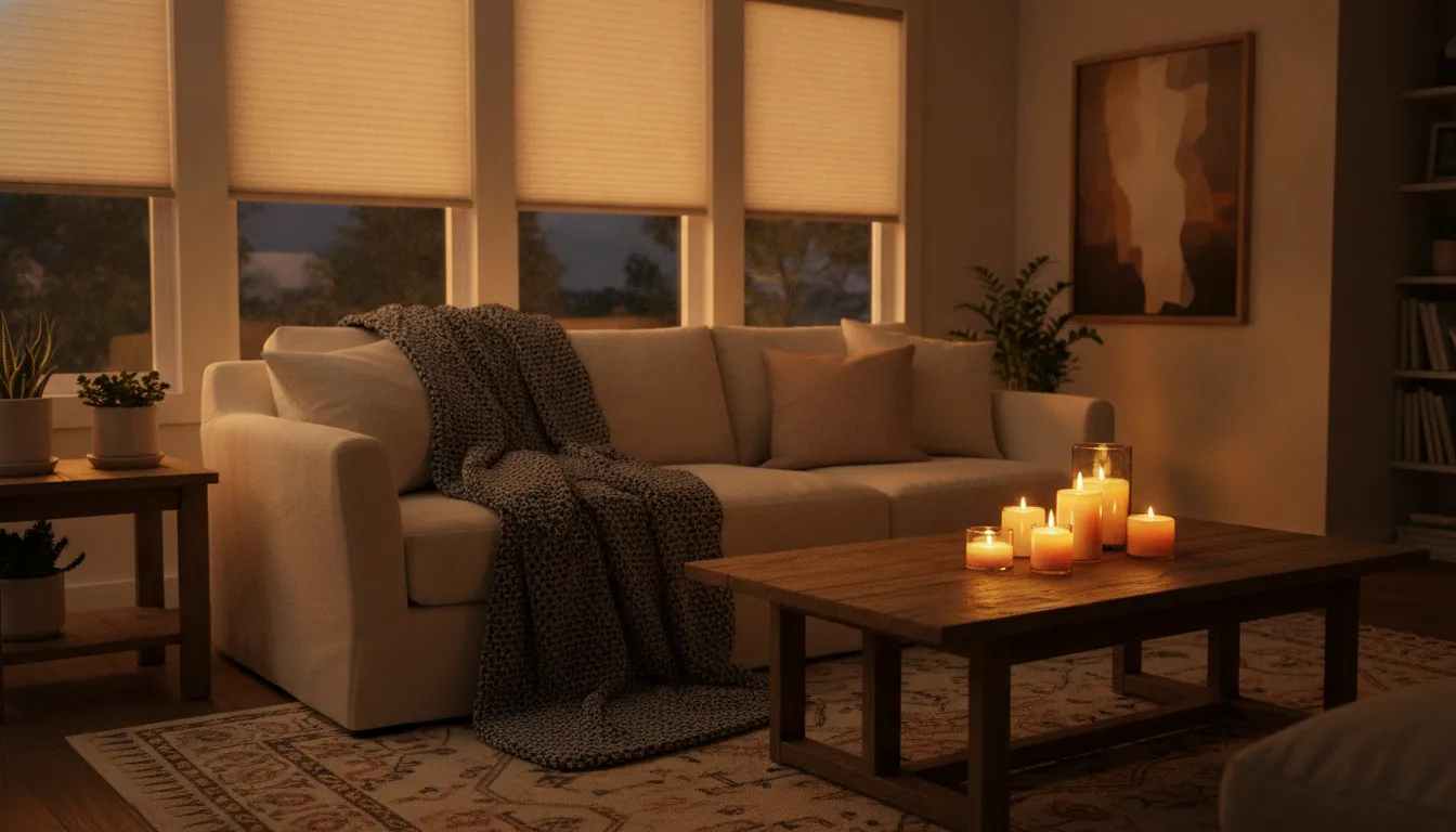 Cozy Southern California living room with honeycomb cellular shades keeping a warm winter evening indoors