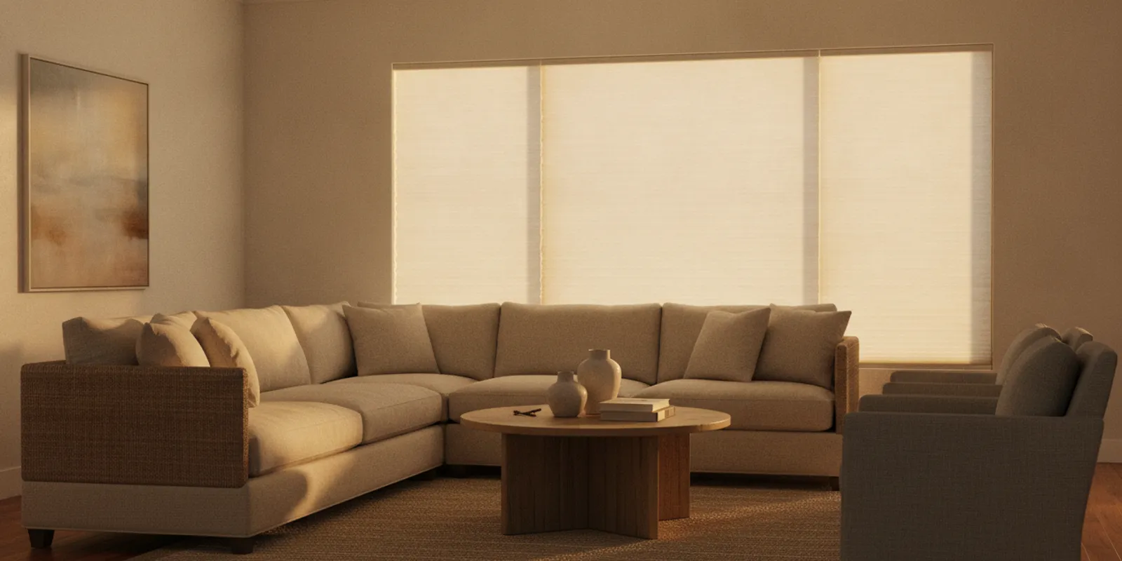 Custom window shades covering a west-facing living room window in warm afternoon light