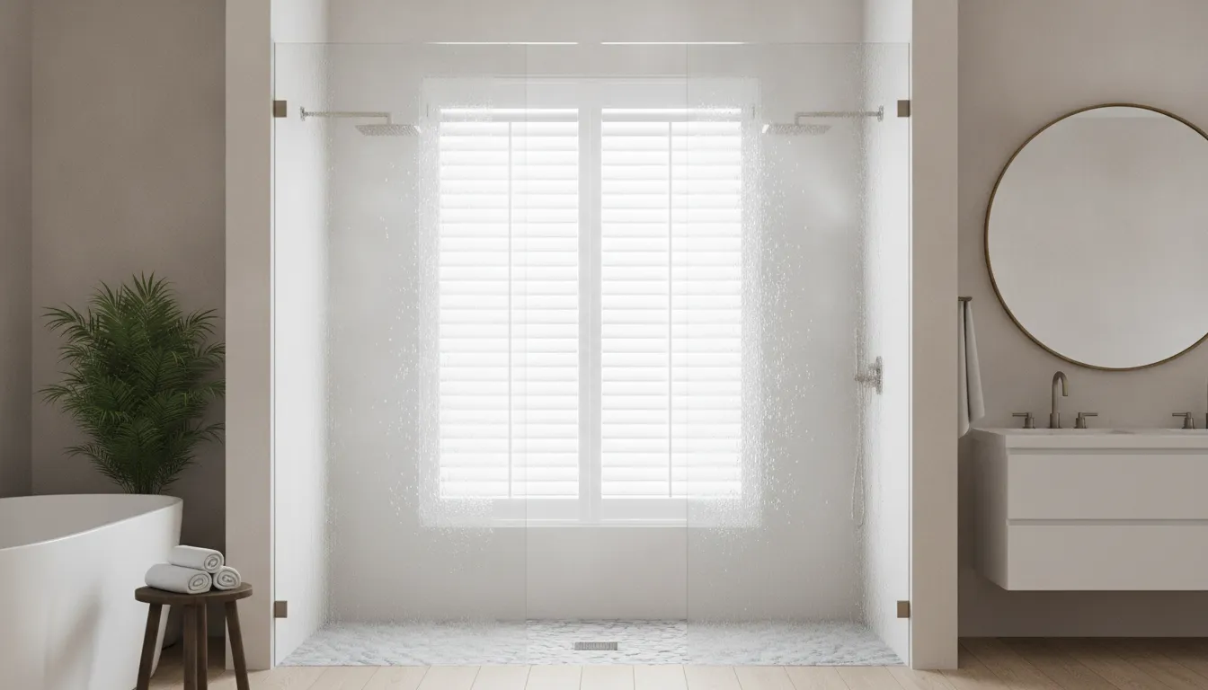 Waterproof white plantation shutters on a shower window in a bright modern bathroom