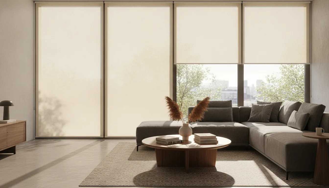 Solar shades reducing afternoon glare on west-facing windows
