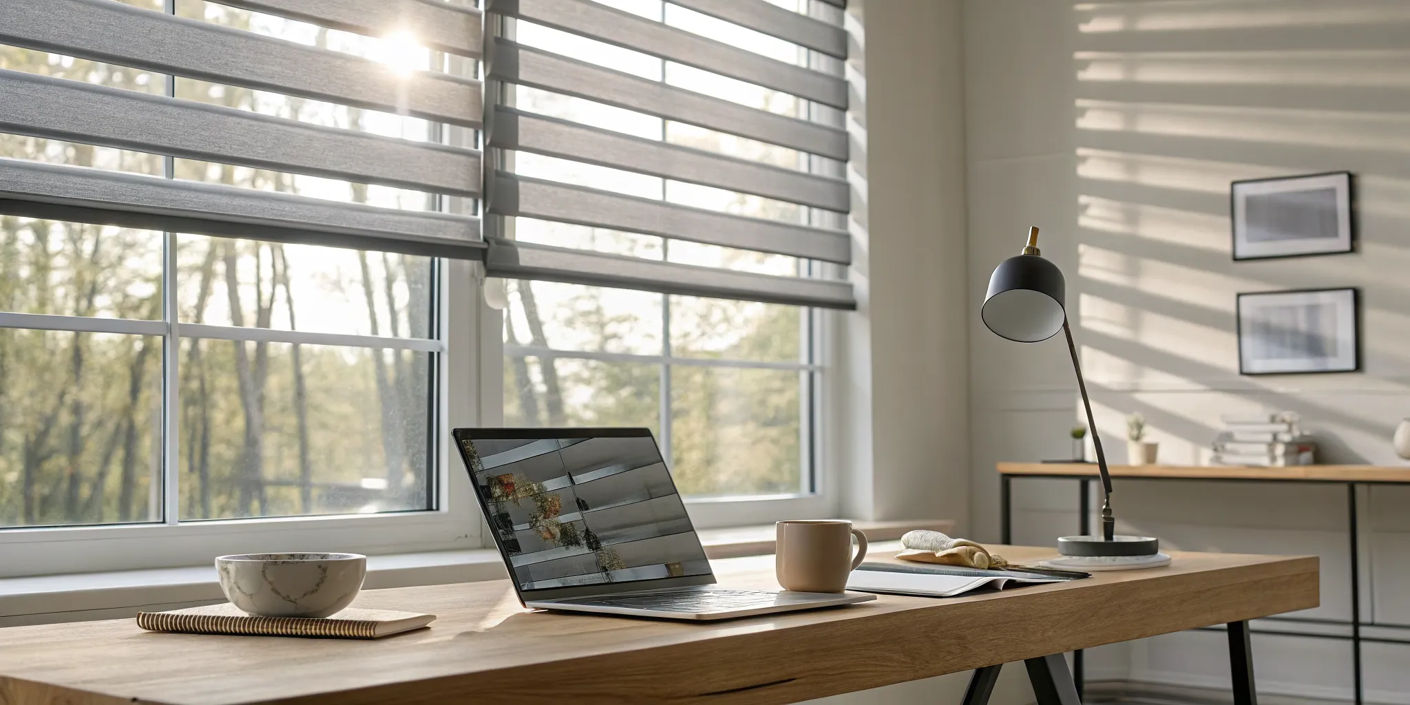 A modern home office with custom blinds bought online, perfectly controlling the sunlight.